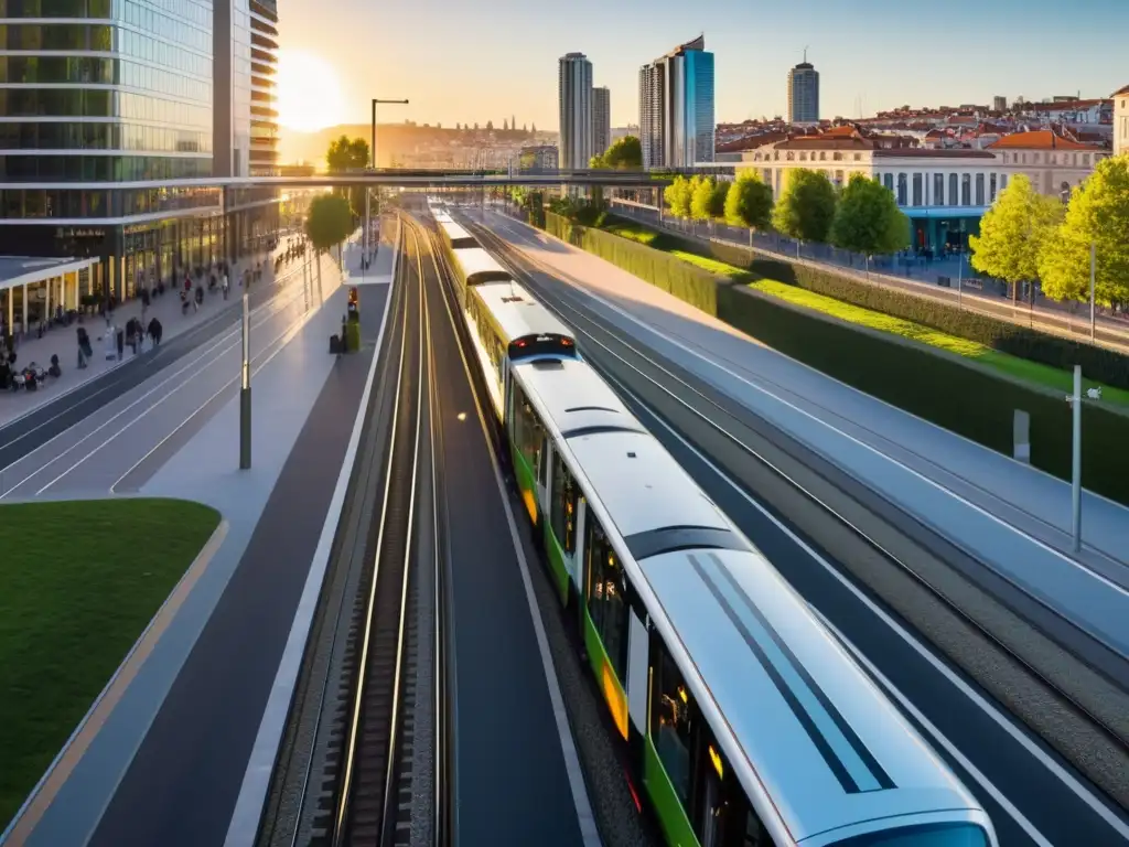 Un moderno tranvía se acerca a un cruce de vías, rodeado de una bulliciosa ciudad al atardecer