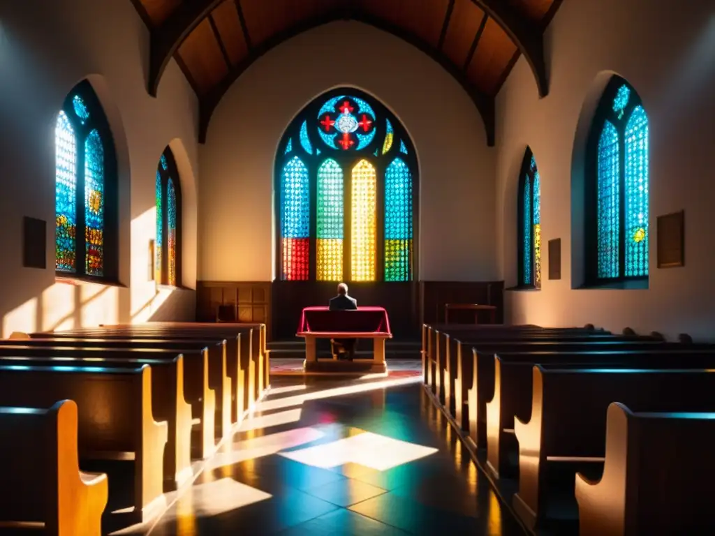 Un momento de introspección en una iglesia iluminada por vidrieras, con una figura solitaria en reflexión profunda