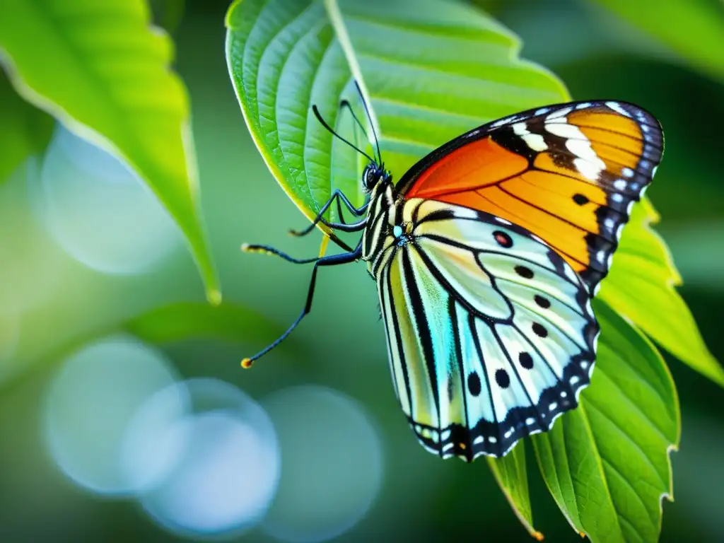 Un momento mágico: una mariposa emerge de su crisálida, desplegando sus alas con patrones vibrantes y detallados, iluminados por el sol