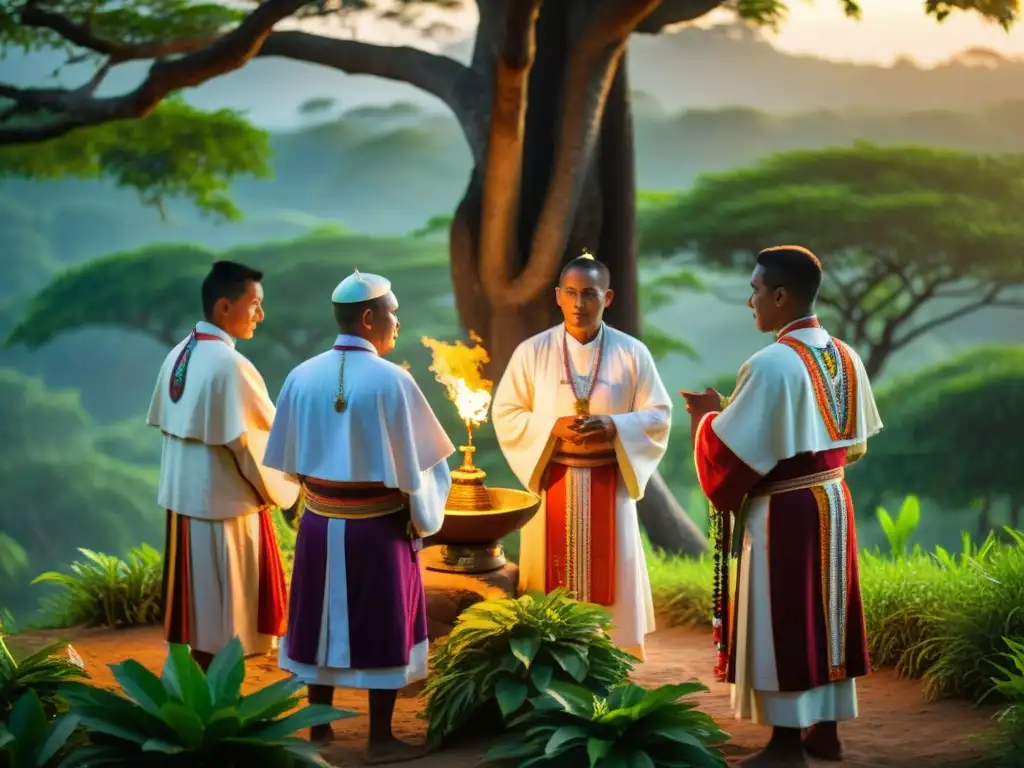 Un momento místico al amanecer con sacerdotes de Ifá realizando un ritual sagrado entre la exuberante vegetación