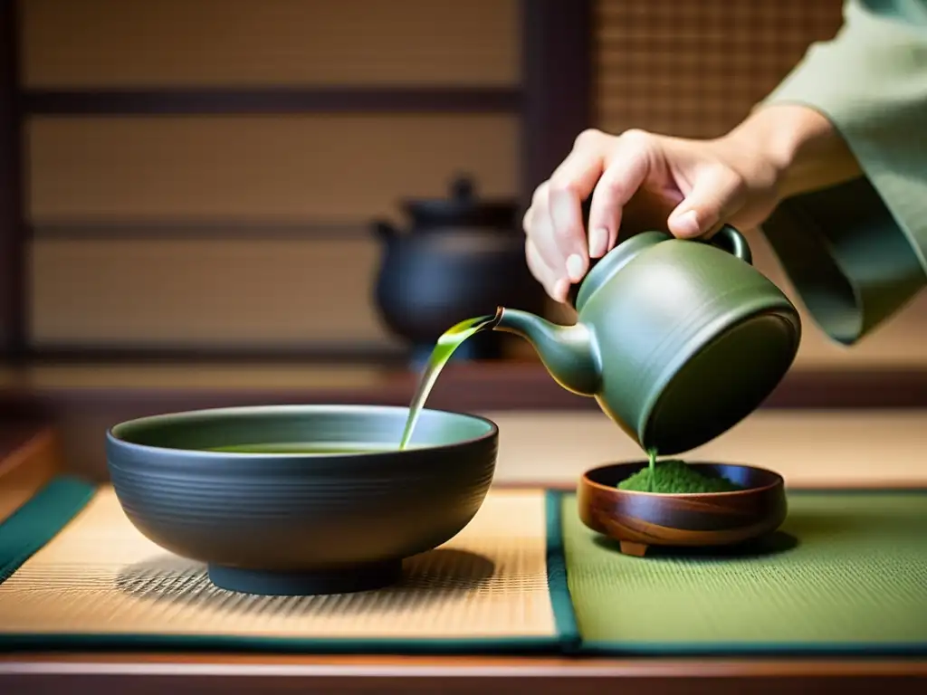 Un momento sereno de una ceremonia del té japonesa, capturando la profundidad de la filosofía asiática