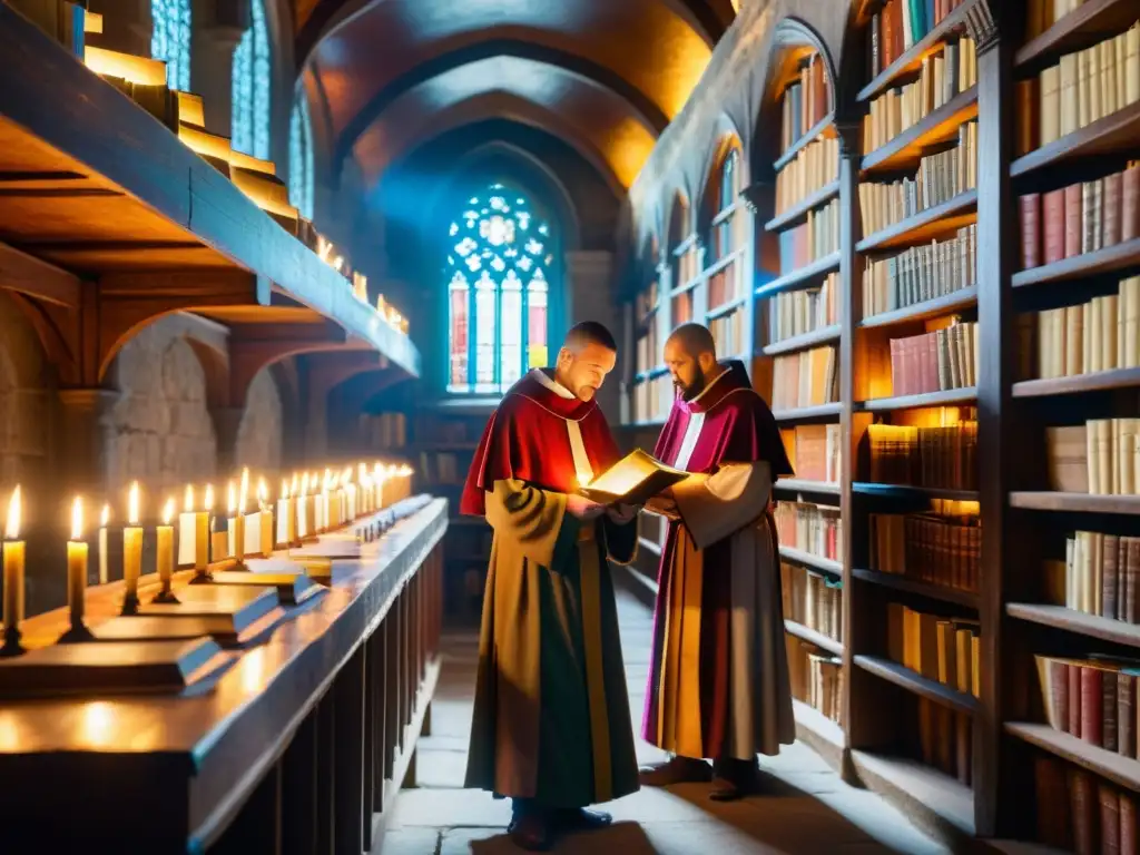 Monasterio medieval con biblioteca antigua, manuscritos y monjes en estudio