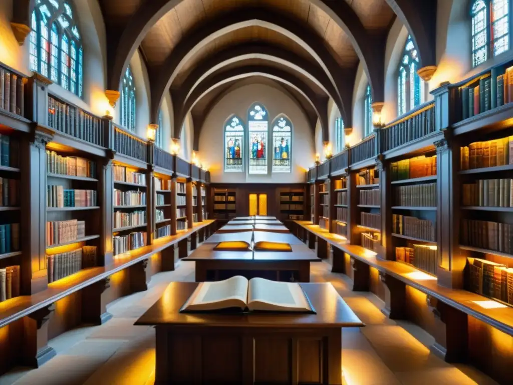 Monasterio medieval con biblioteca iluminada, estudiosos y libros antiguos