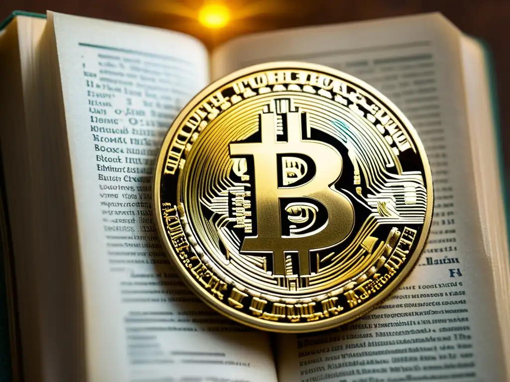 Una moneda de oro bitcoin reposa sobre 'Ética a Nicómaco' de Aristóteles, destacando la fusión de sabiduría antigua y tecnología financiera moderna