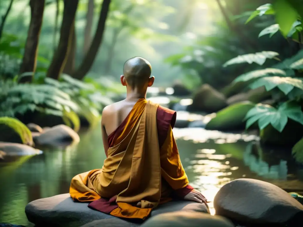 Un monje budista medita serenamente en un bosque exuberante