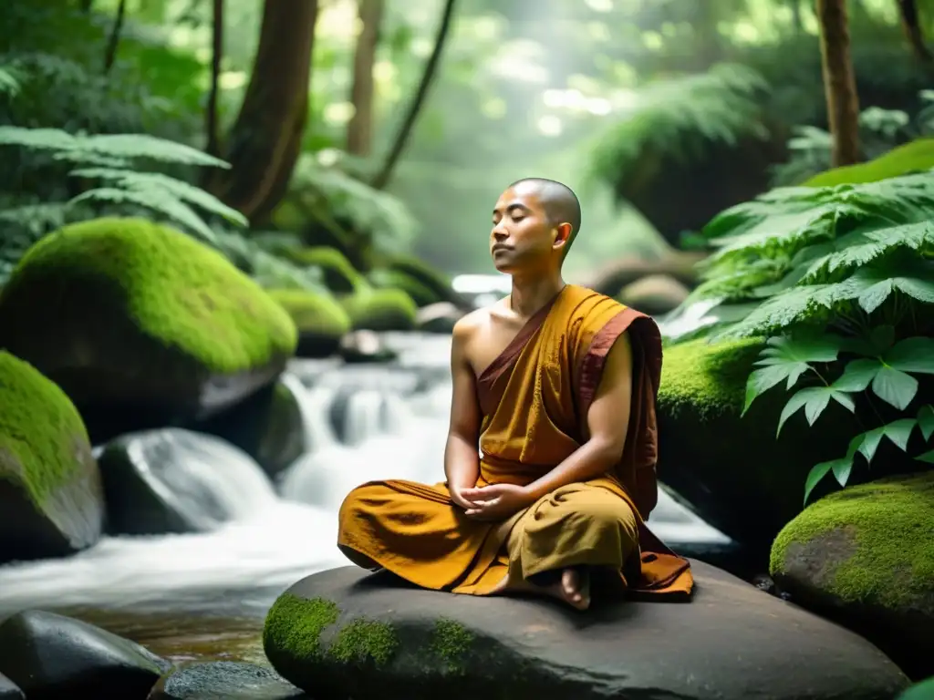 Un monje budista medita en un bosque exuberante, transmitiendo paz y resiliencia ante adversidades