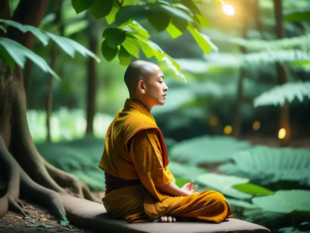Monje budista meditando en el bosque, reflejando la filosofía budista para vivir conscientemente