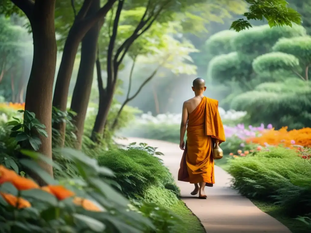 Un monje budista camina en un bosque sereno, rodeado de naturaleza exuberante, transmitiendo armonía y paz