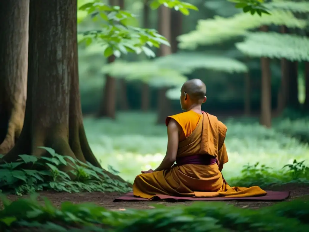 Monje budista en meditación en un bosque soleado, evocando los principios éticos budistas para vida
