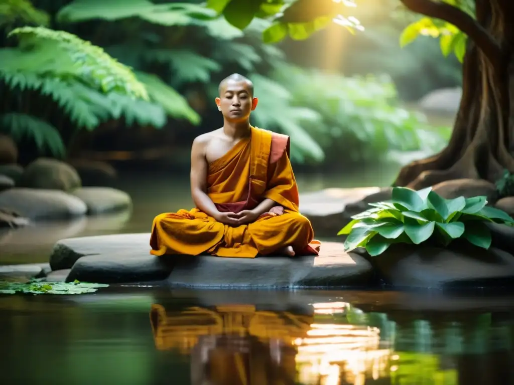 Un monje budista medita en un entorno sereno con vegetación exuberante y agua