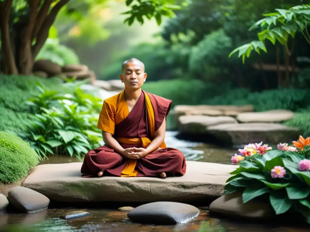 Un monje budista medita en un entorno sereno y tranquilo, rodeado de exuberante vegetación y luz cálida