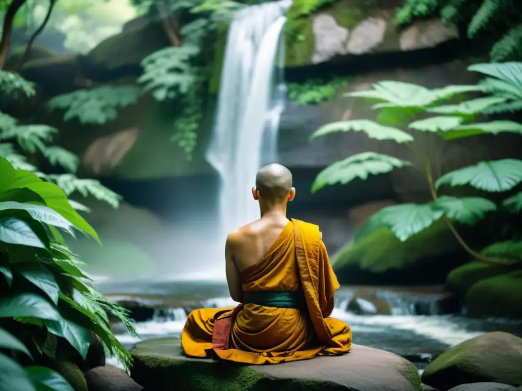 Un monje budista medita entre exuberante vegetación y una cascada, transmitiendo una atmósfera de paz y conexión con la naturaleza