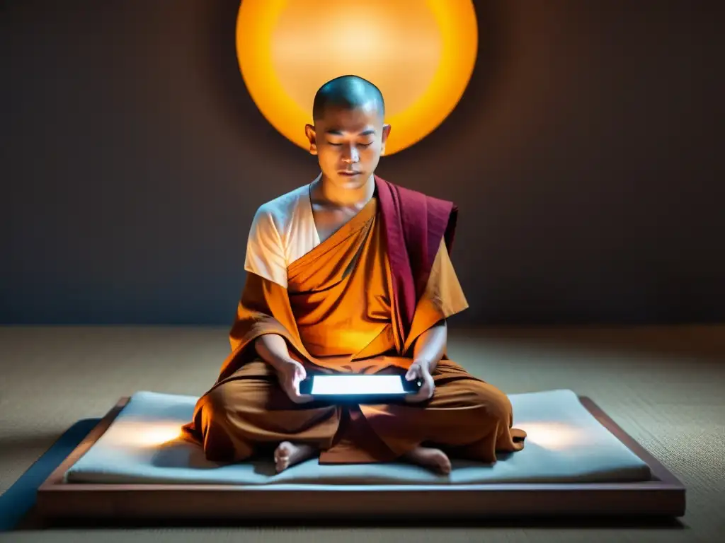 Un monje budista en meditación se encuentra frente a una tableta digital en un espacio minimalista