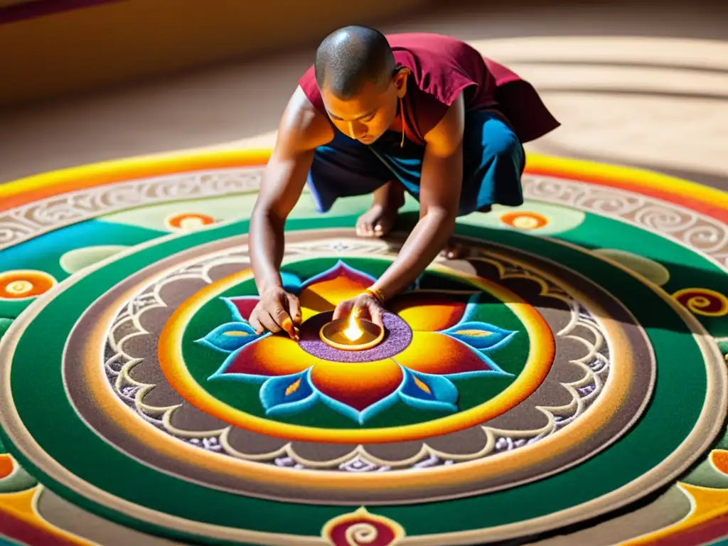 Un monje budista crea un intrincado mandala de arena en un templo sereno