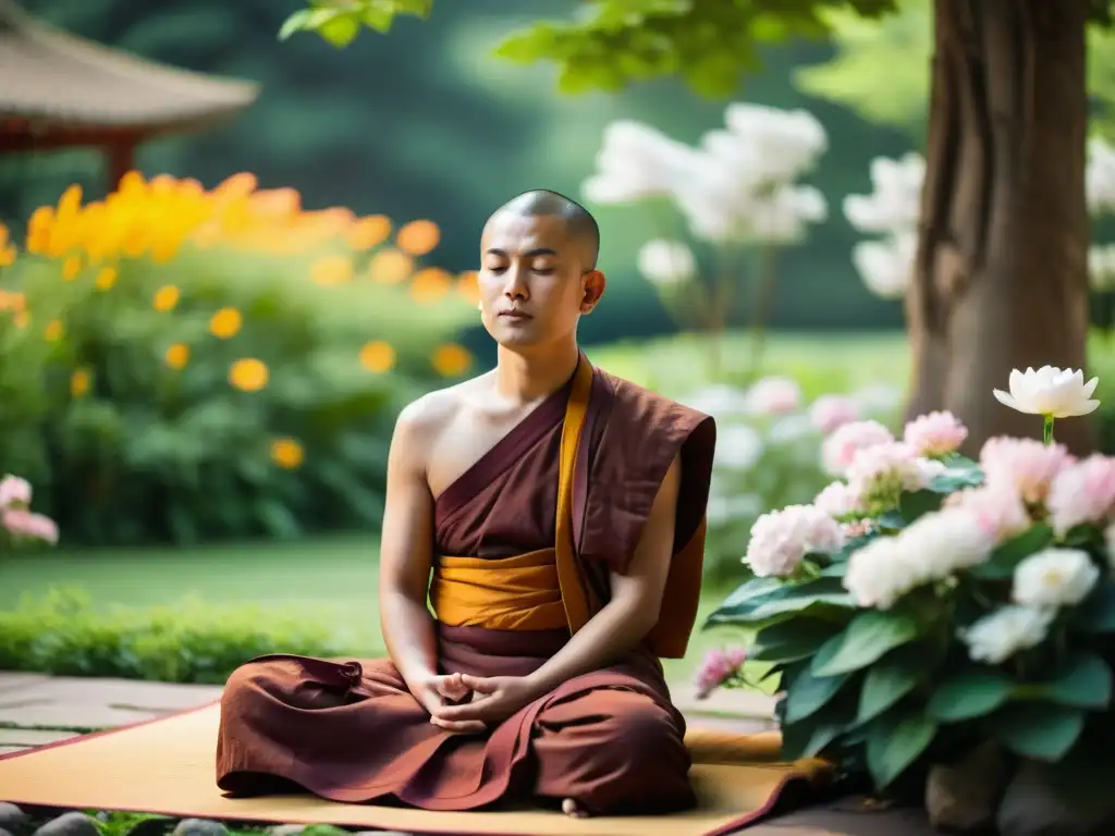 Un monje budista medita en un jardín sereno, rodeado de naturaleza exuberante y flores