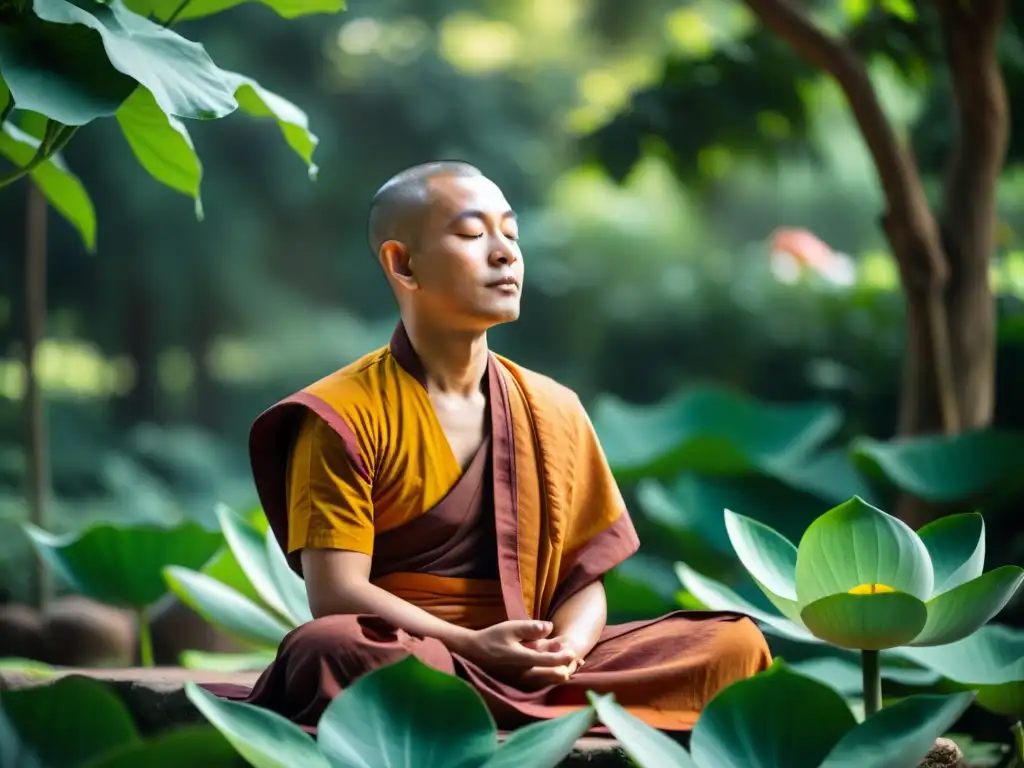 Monje budista en meditación profunda, rodeado de exuberante naturaleza en un monasterio