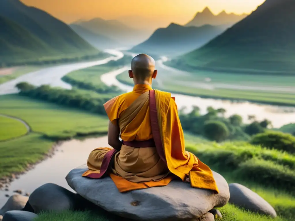 Un monje budista medita en la montaña, irradiando calma y serenidad