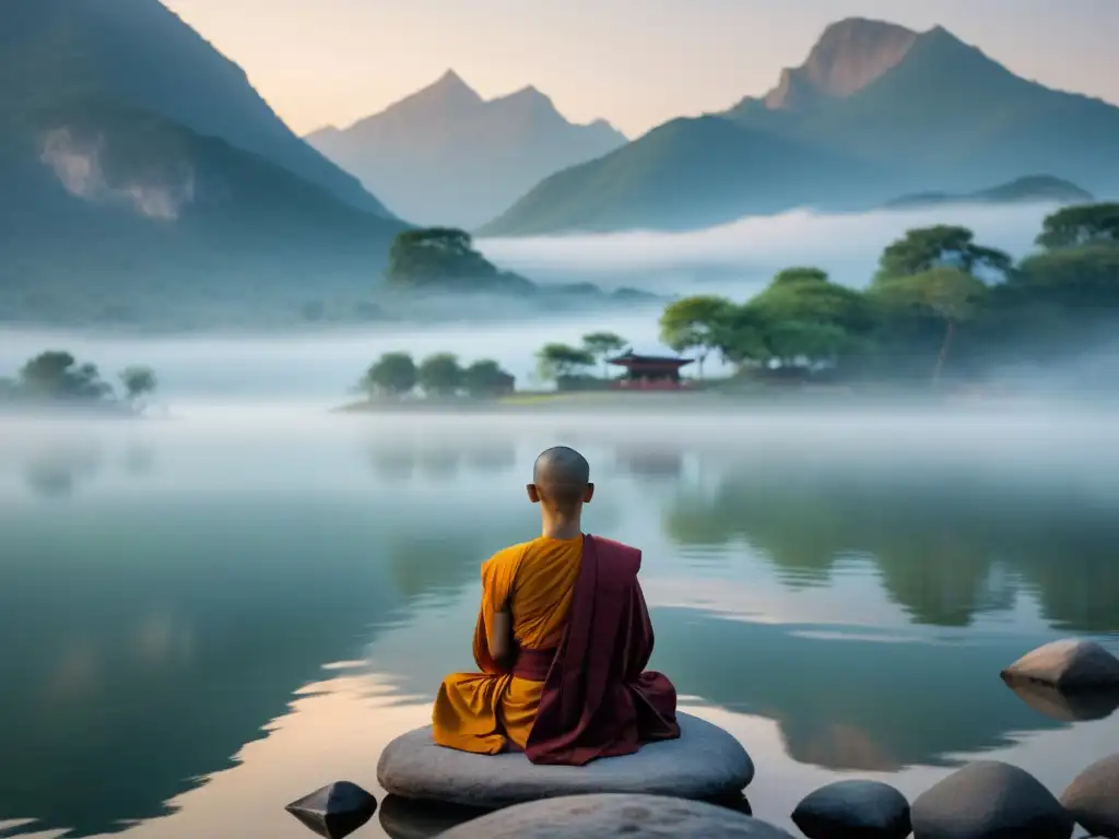 Un monje budista en meditación a orillas de un lago tranquilo, reflejando la serenidad y equilibrio espiritual de la dieta budista