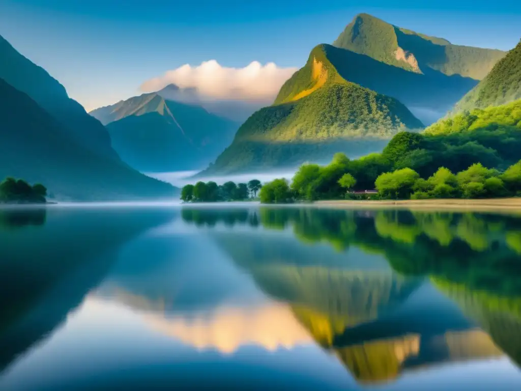 Un monje budista medita en un paisaje montañoso neblinoso al amanecer, con un lago tranquilo