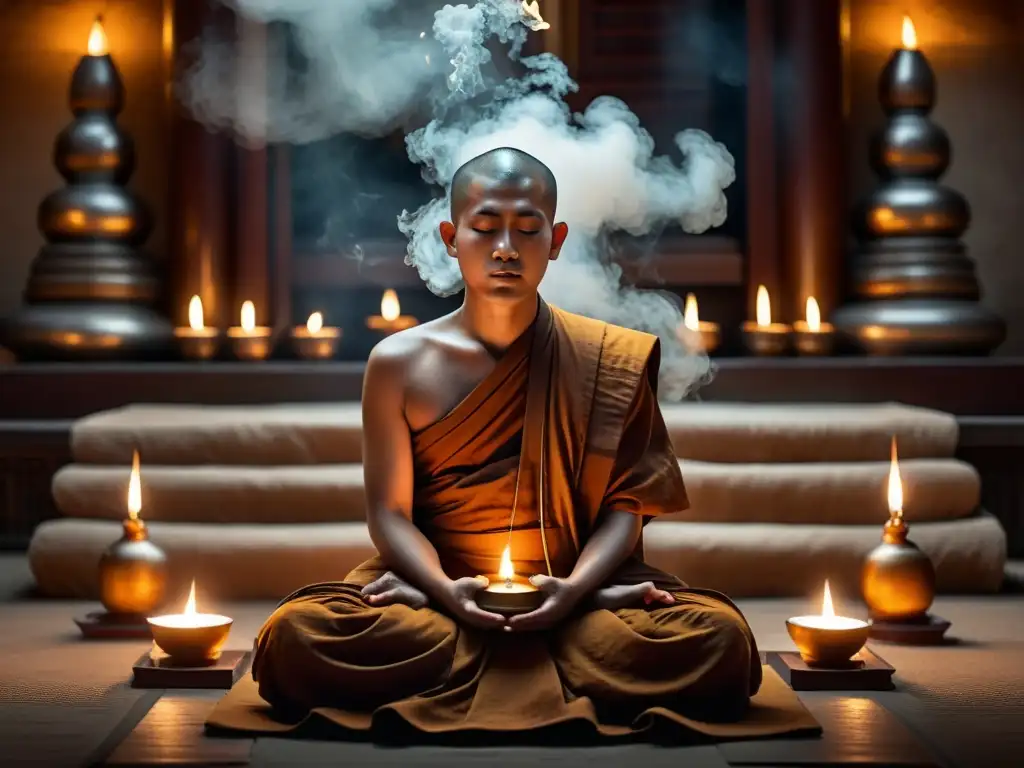 Un monje budista en meditación, rodeado de luz de velas y humo de incienso en un templo