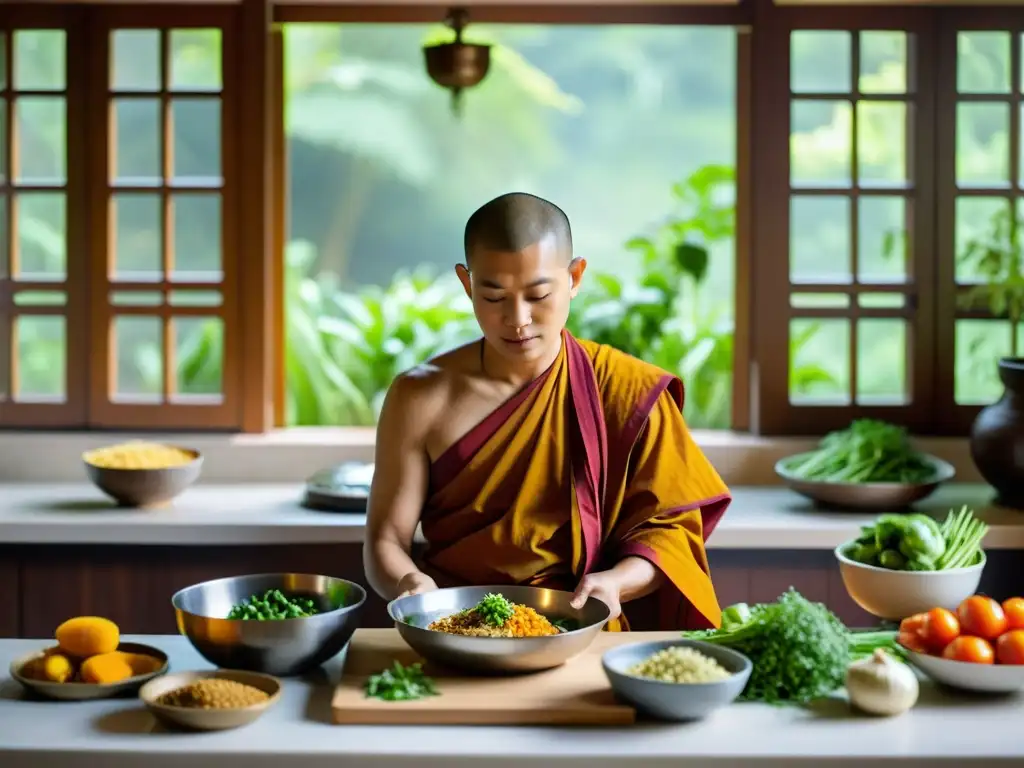 Un monje budista prepara serena un plato vegetariano en un tranquilo templo, rodeado de vegetales frescos y hierbas aromáticas