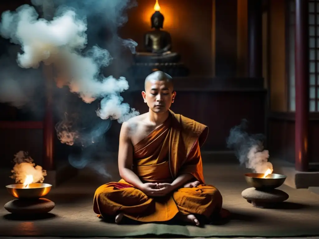 Un monje budista medita en un templo, rodeado de humo de incienso