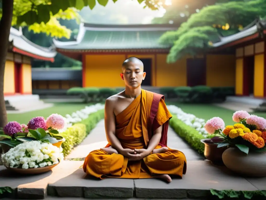Monje budista meditando en un templo sereno, rodeado de naturaleza exuberante y flores coloridas