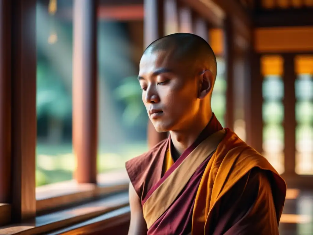 Un monje budista medita en un templo sereno, con luz natural iluminando su rostro en paz