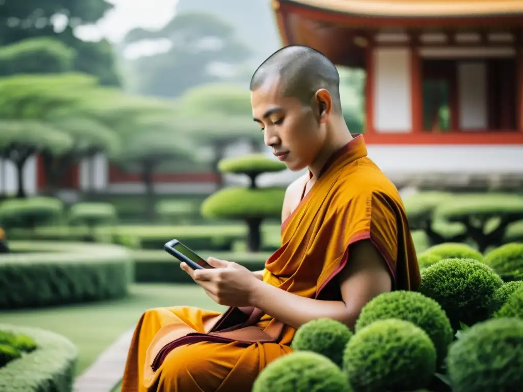 Un monje budista en tradicionales ropas utiliza un smartphone en un jardín de templo, simbolizando la integración del Budismo en la era digital