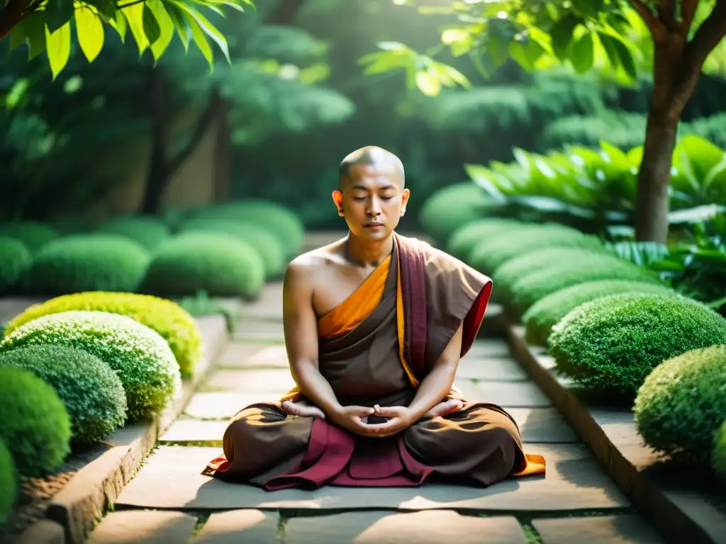 Un monje budista medita en un jardín tranquilo, rodeado de vegetación exuberante