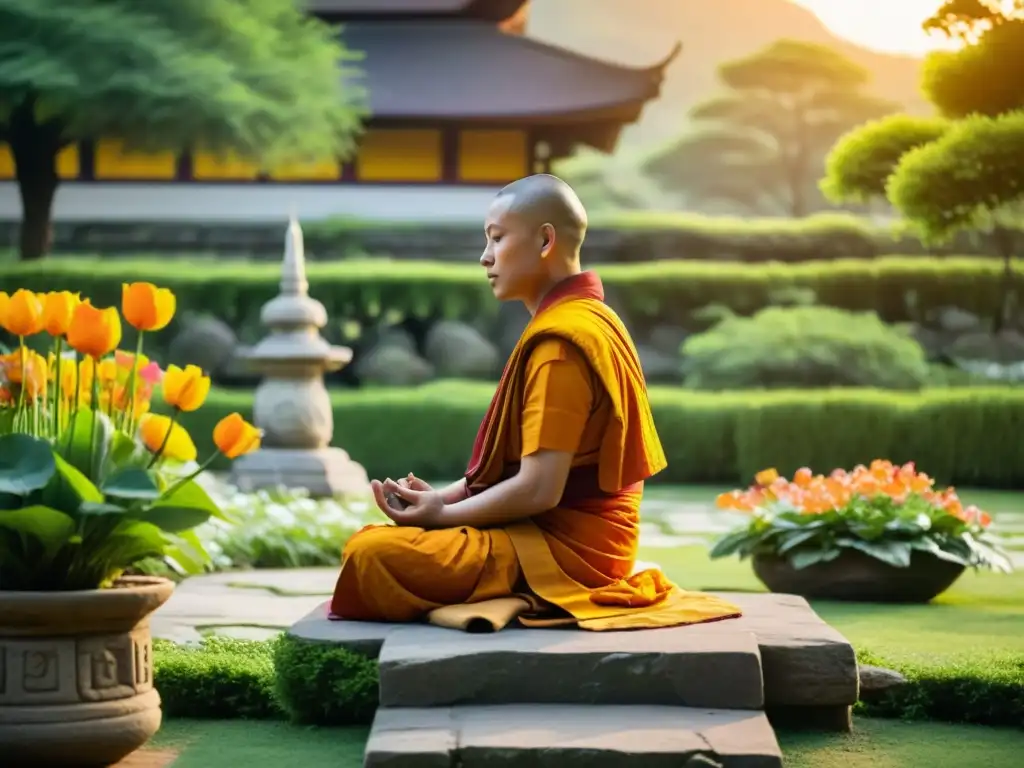 Monje budista meditando en jardín tranquilo, rodeado de naturaleza exuberante y estatuas antiguas