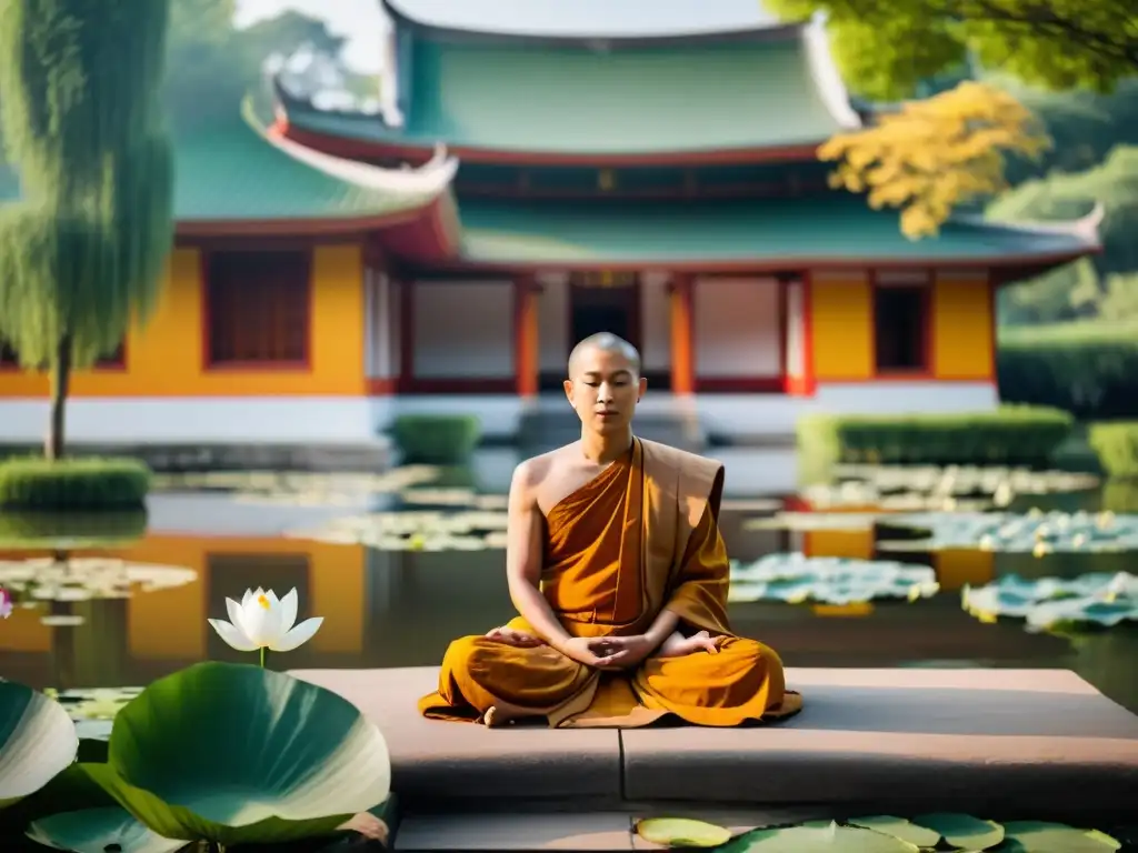 Un monje budista en un jardín tranquilo rodeado de flores de loto y verdor exuberante, irradiando serenidad y mindfulness
