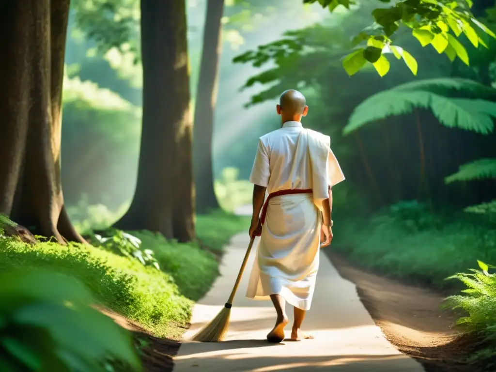 Un monje jainista camina descalzo por el bosque, barrido el camino con su escoba, en armonía con la no violencia jainista