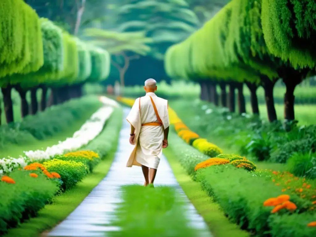 Un monje jainista camina descalzo por un sendero verde, en armonía con la naturaleza