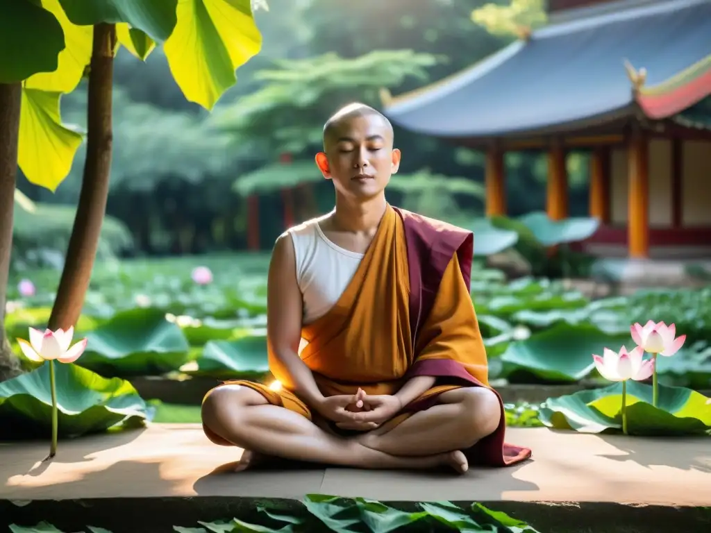 Un monje jainista meditando en un jardín sereno, rodeado de vegetación exuberante y luz suave