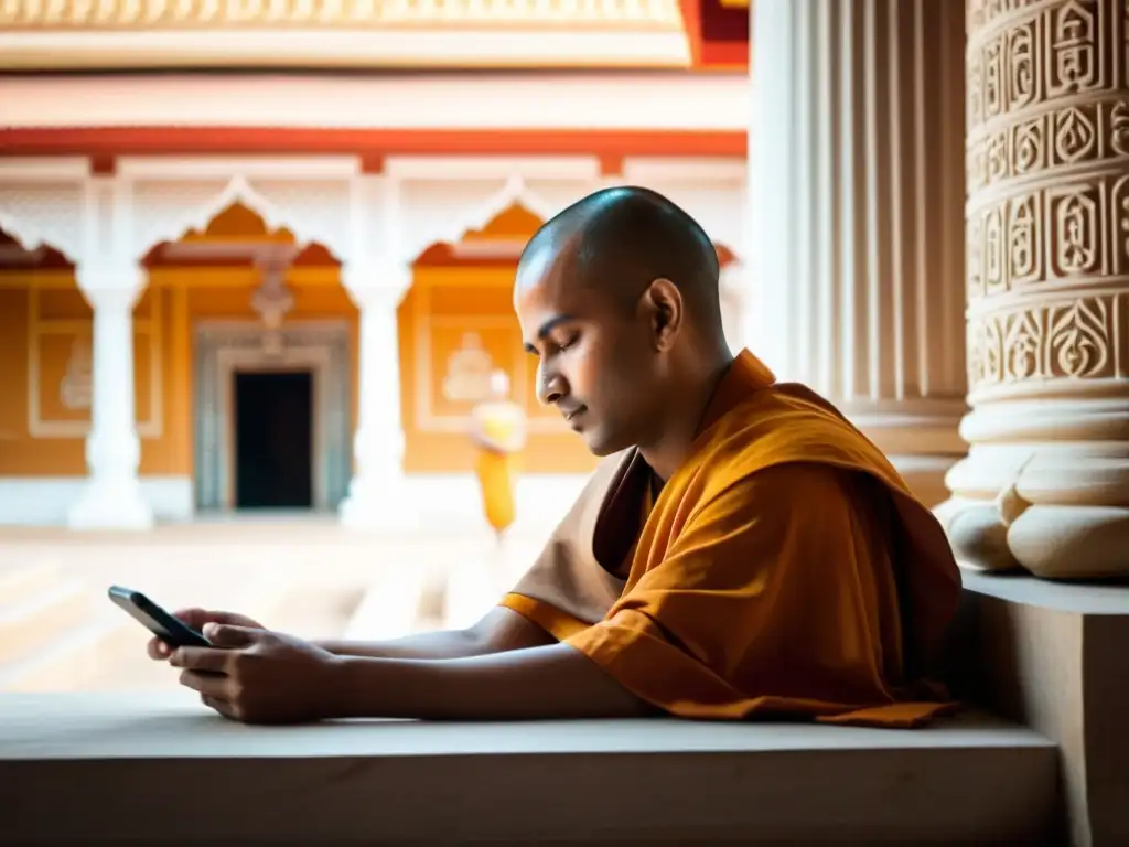 Un monje jainista usando un smartphone frente a un templo, simbolizando el encuentro del Jainismo y tecnología en la era digital