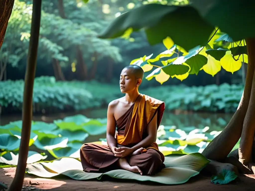 Un monje Theravada medita en un bosque remoto, rodeado de exuberante vegetación