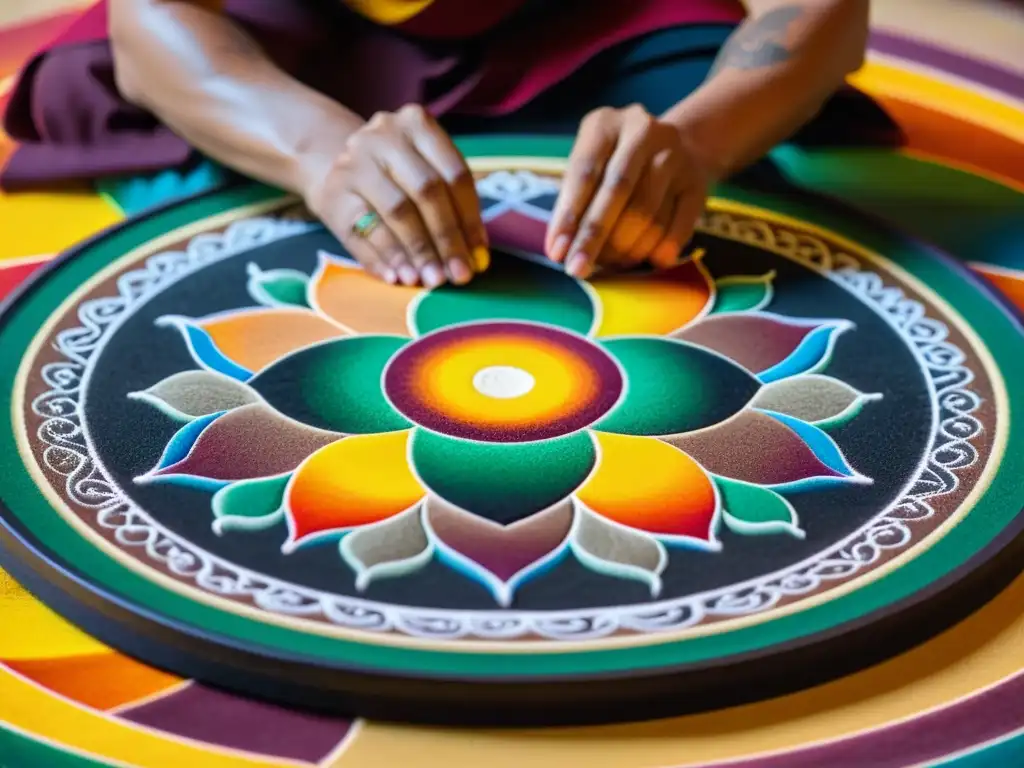 Un monje tibetano crea con precisión un intrincado mandala de arena, mostrando paralelismos entre metafísica Aristóteles hinduismo