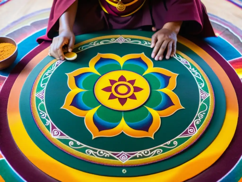 Monjes budistas crean mandala de arena, representando el concepto de justicia en religiones con patrones y colores vibrantes