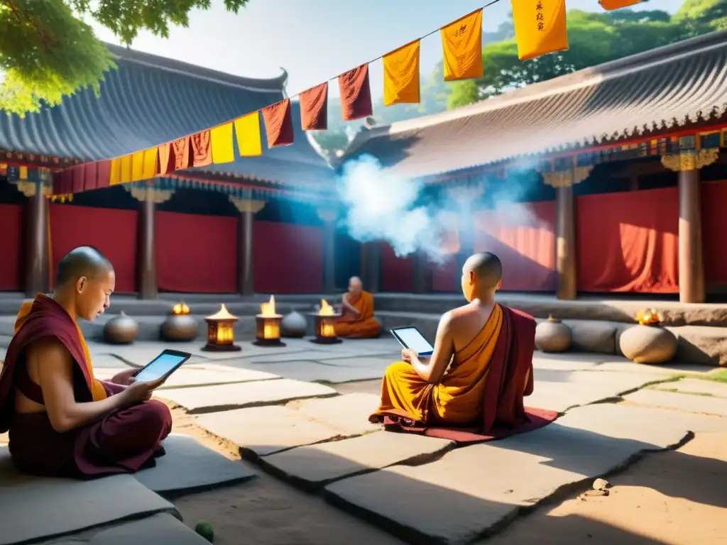 Monjes budistas usan dispositivos digitales en un tranquilo patio de templo, entre banderas de oración y humo de incienso