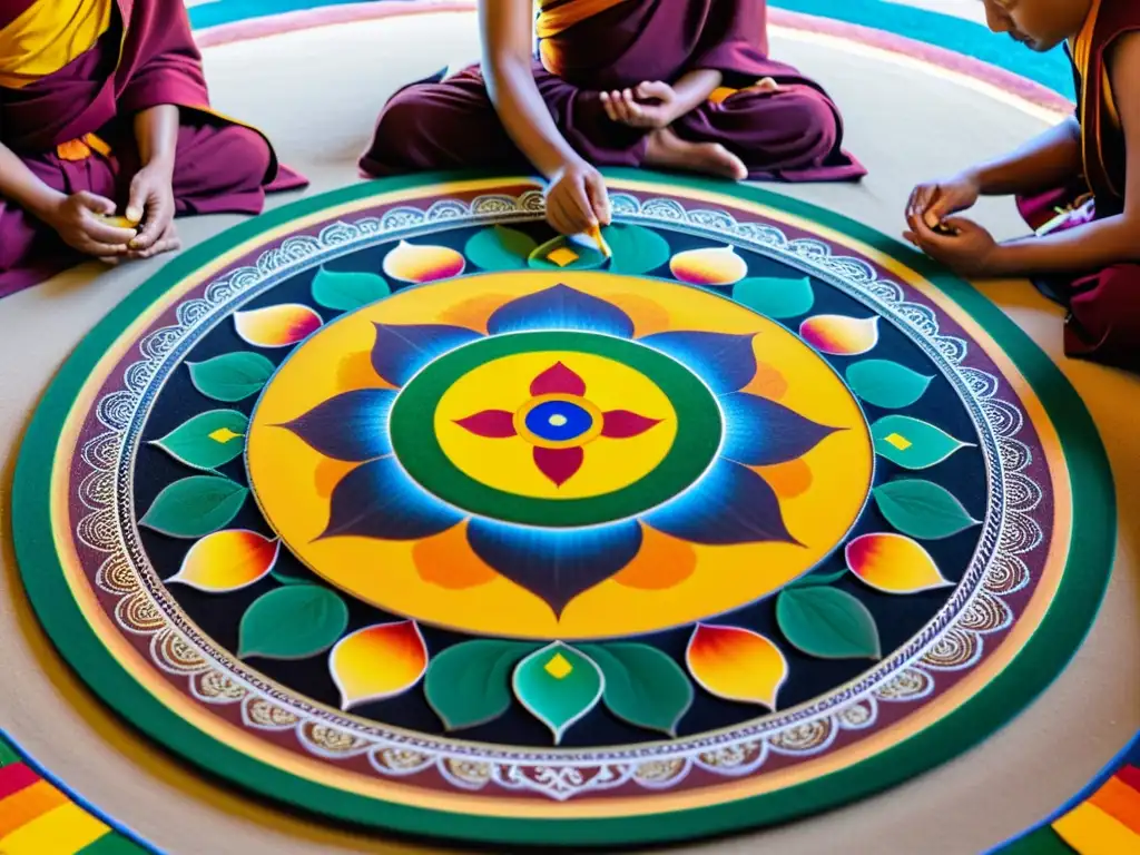 Monjes budistas crean un mandala de arena, mostrando su proceso artístico meticuloso y sereno