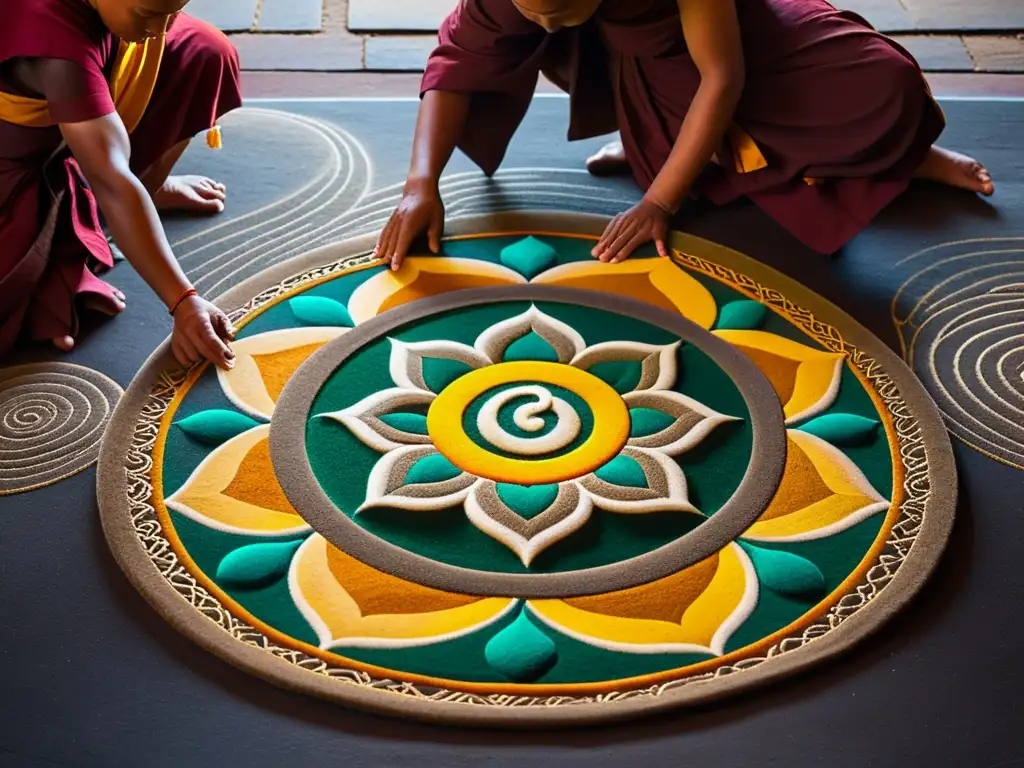 Monjes budistas crean mandalas de arena con intrincados diseños en un monasterio tenue, mostrando la comparación entre Hume y karma