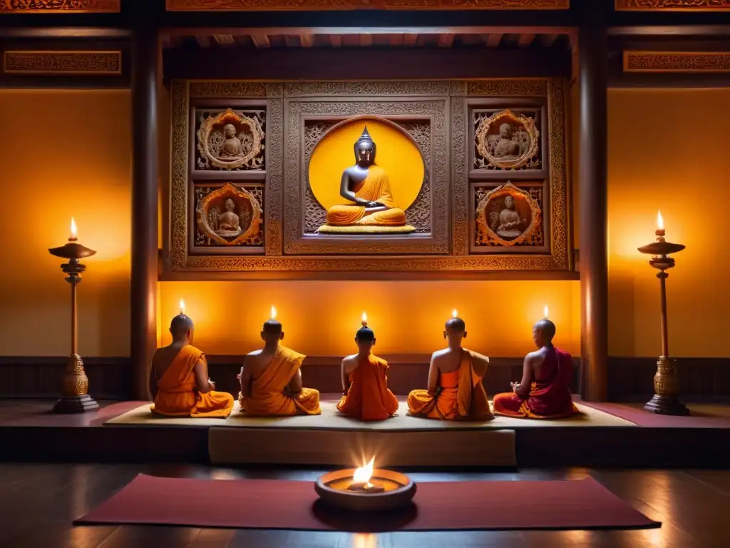 Serenidad en el salón de meditación: monjes en saffron concentrados Monjes budistas meditan en un salón con incienso, ornamentos y un altar iluminado, ejerciendo el papel del maestro espiritual budista