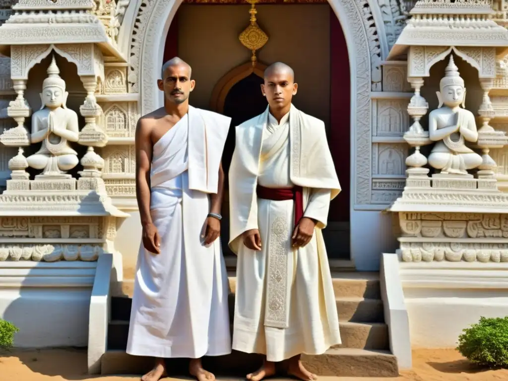 Dos monjes jainistas, uno Svetambara y otro Digambara, en poses serenas, vistiendo atuendos tradicionales