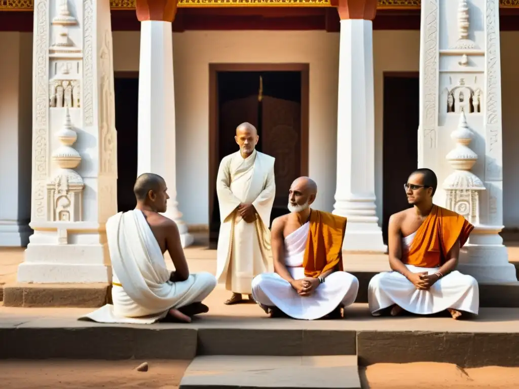 Monjes jainistas de sectas Svetambara y Digambara en profunda discusión filosófica en antiguo templo