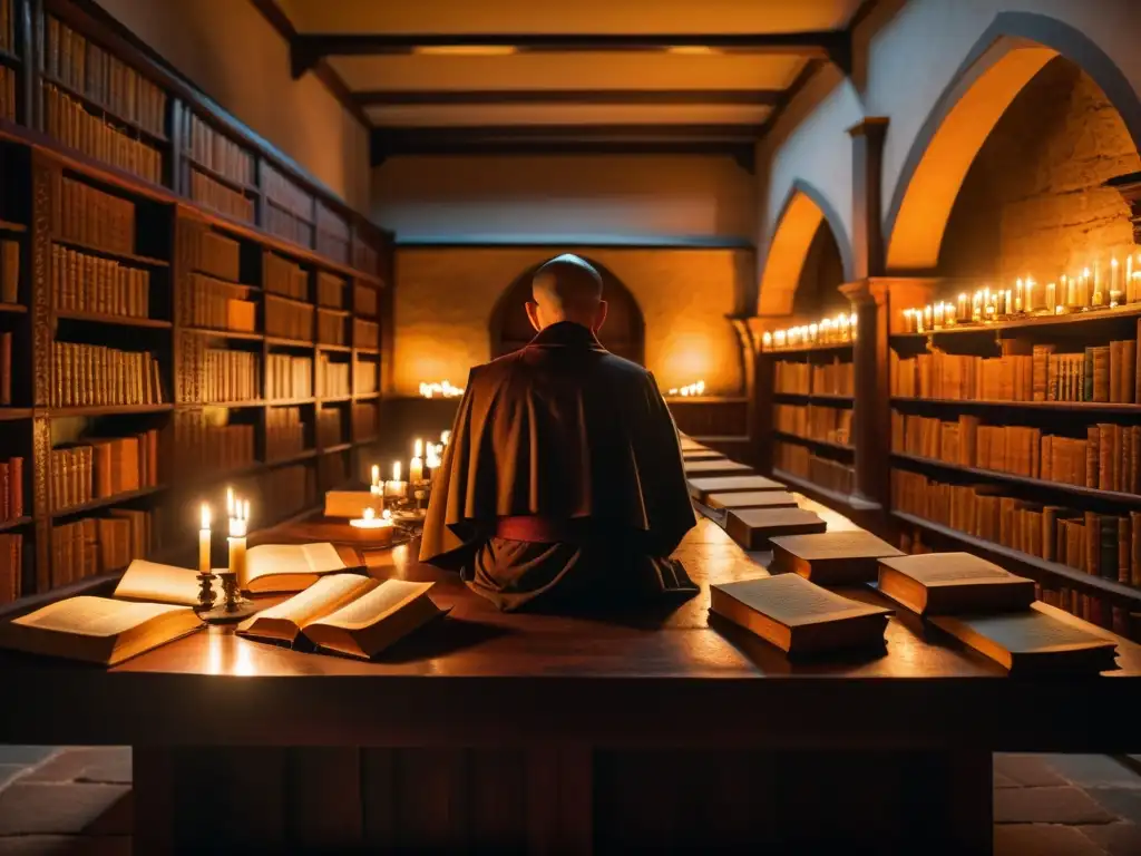 Monjes en profunda discusión filosófica en biblioteca medieval iluminada por velas