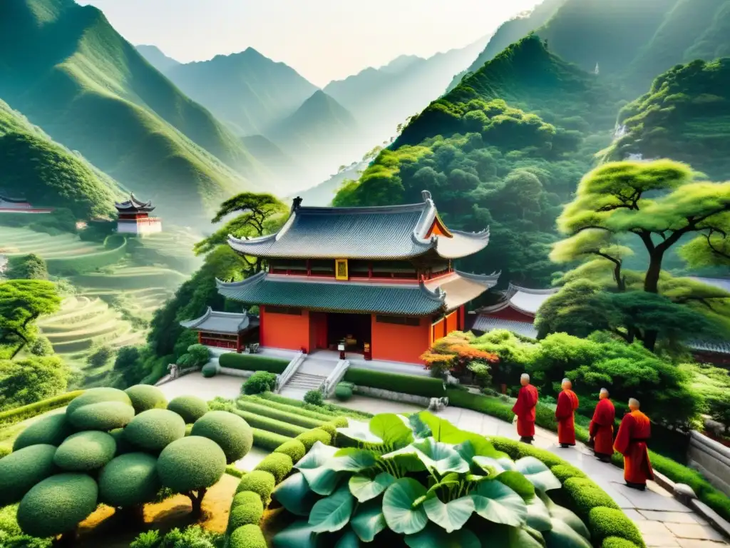 Monjes taoístas cultivando con respeto en un templo en las montañas de China, reflejando el respeto por la vida en Taoísmo