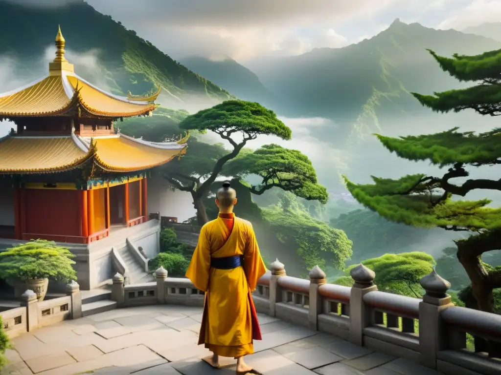 Monjes practican kung fu en un templo de montaña entre la niebla, evocando la conexión espiritual entre artes marciales y taoísmo