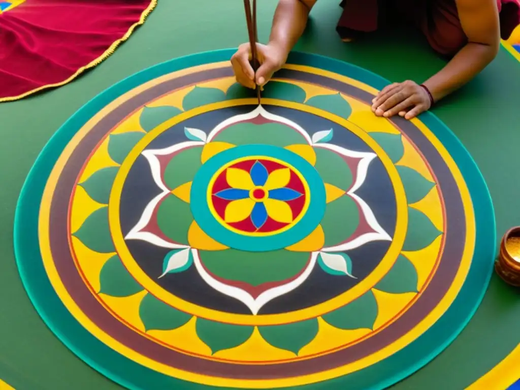 Monjes tibetanos creando un mandala de arena, reflejando la estética del arte budista a través del tiempo