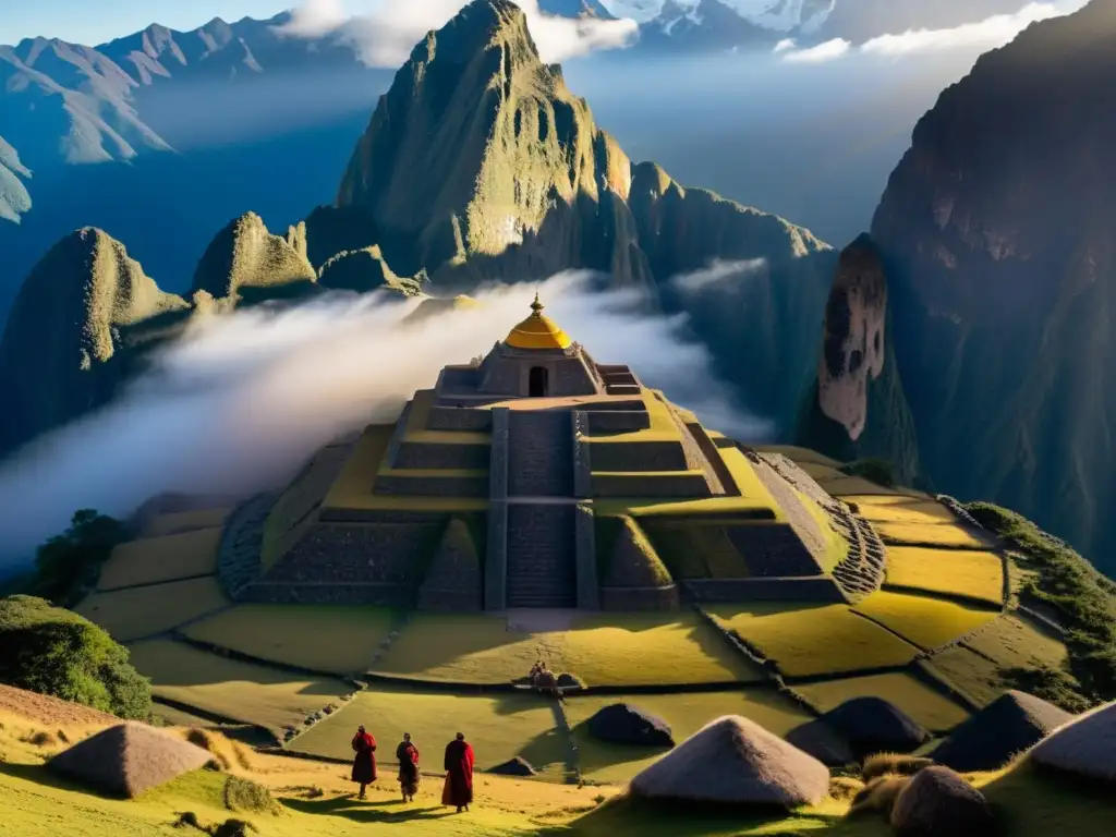 Montañas andinas envueltas en neblina, ceremonia de ancianos, símbolos de la filosofía andina en estructura antigua